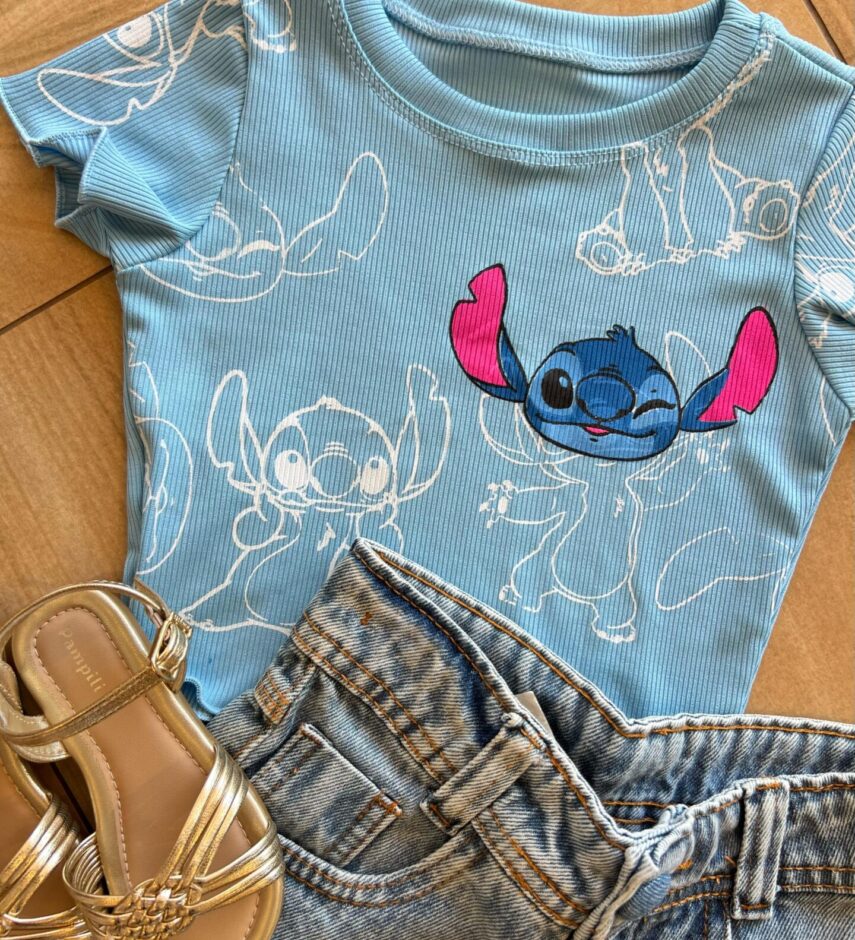 fernandaramoskids com br Cropped Infantil Feminino Manga Curta Canelado Stich Azul1