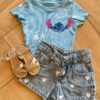 Cropped Infantil Feminino Manga Curta Canelado Stich Azul Fernanda Ramos Kids