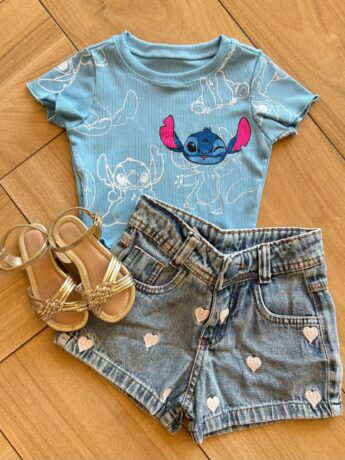 Cropped Infantil Feminino Manga Curta Canelado Stich Azul Fernanda Ramos Kids