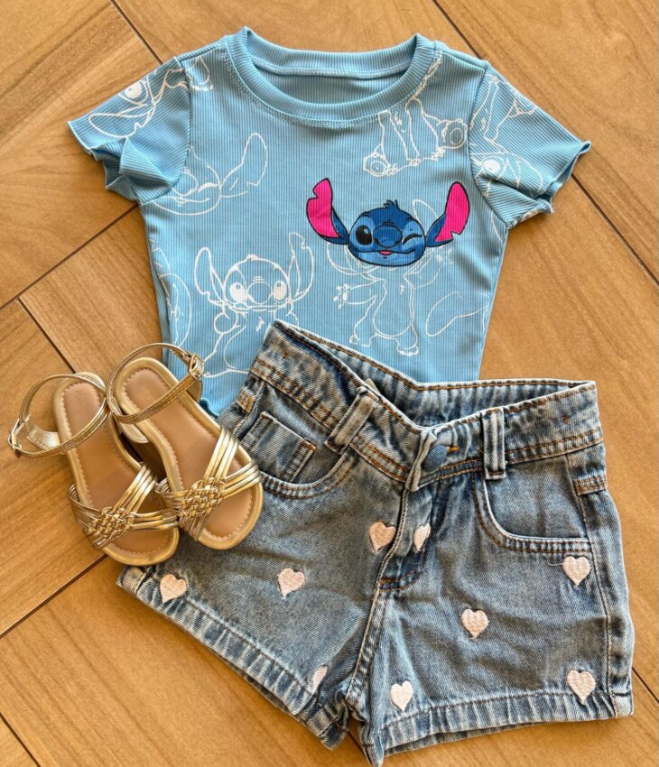 Cropped Infantil Feminino Manga Curta Canelado Stich Azul Fernanda Ramos Kids