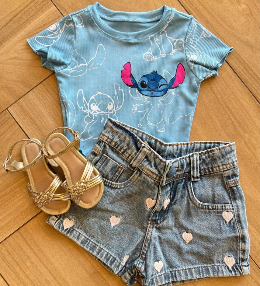 Cropped Infantil Feminino Manga Curta Canelado Stich Azul Fernanda Ramos Kids