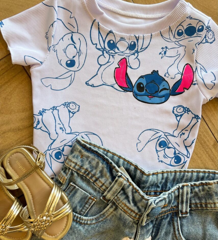 fernandaramoskids com br Cropped Infantil Feminino Manga Curta Canelado Stich Branco1