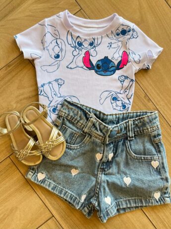 Cropped Infantil Feminino Manga Curta Canelado Stich Branco Fernanda Ramos Kids