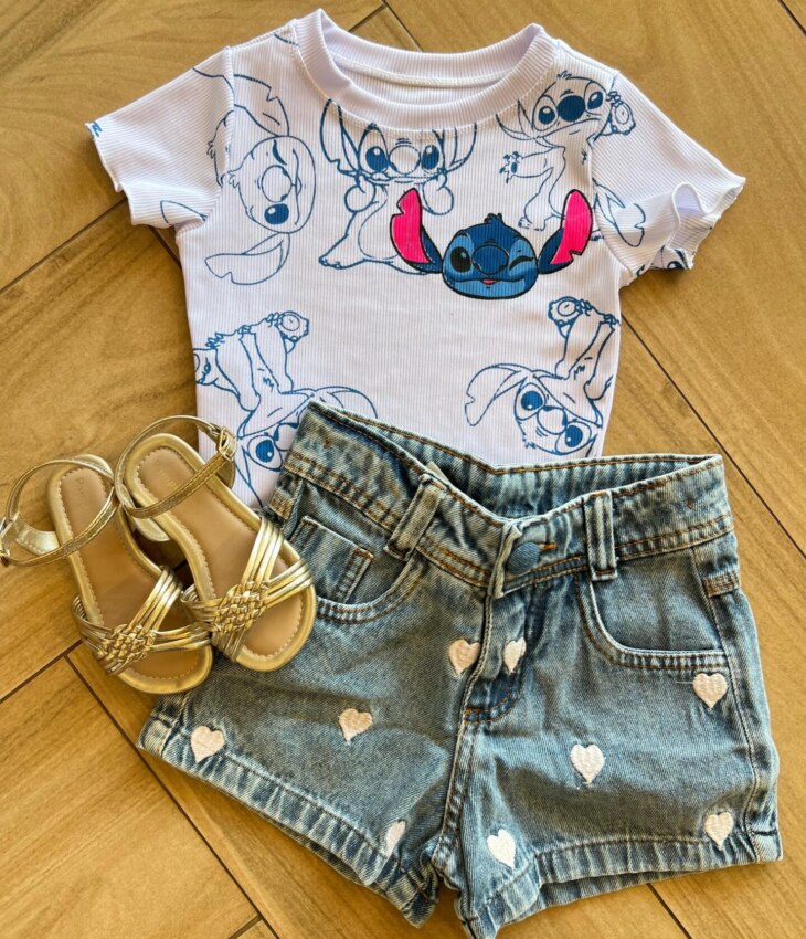 Cropped Infantil Feminino Manga Curta Canelado Stich Branco Fernanda Ramos Kids