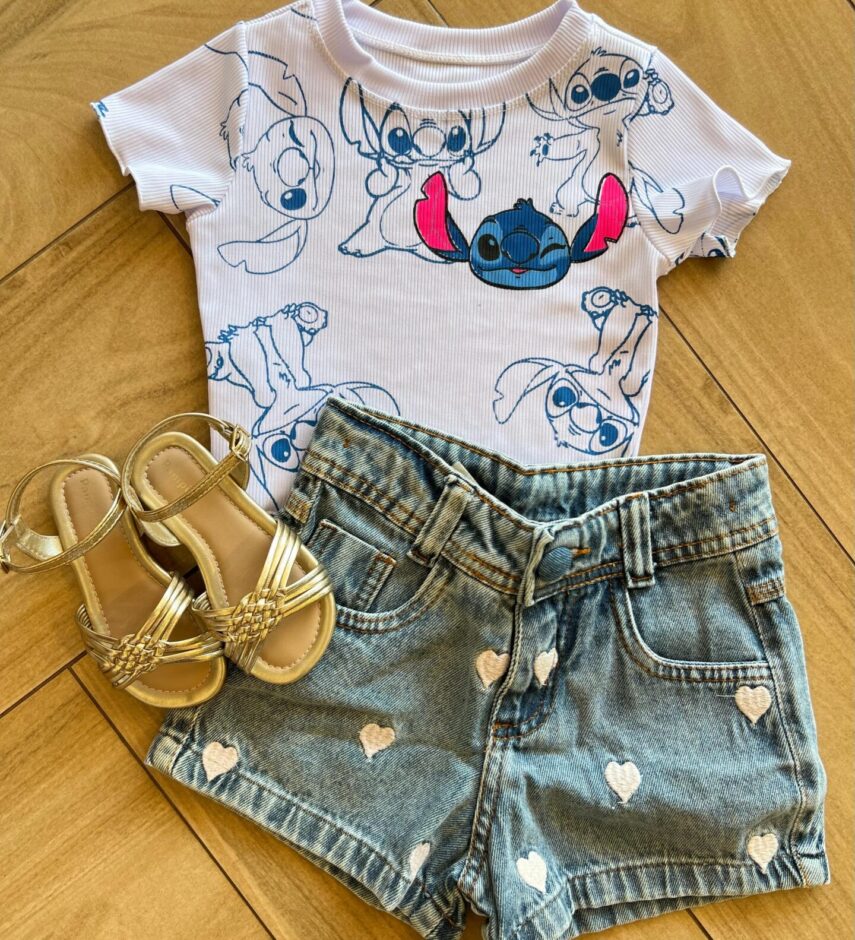 Cropped Infantil Feminino Manga Curta Canelado Stich Branco Fernanda Ramos Kids