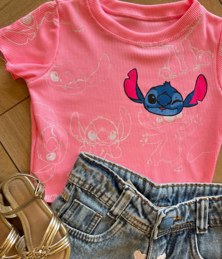 fernandaramoskids com br Cropped Infantil Feminino Manga Curta Canelado Stich Rosa1