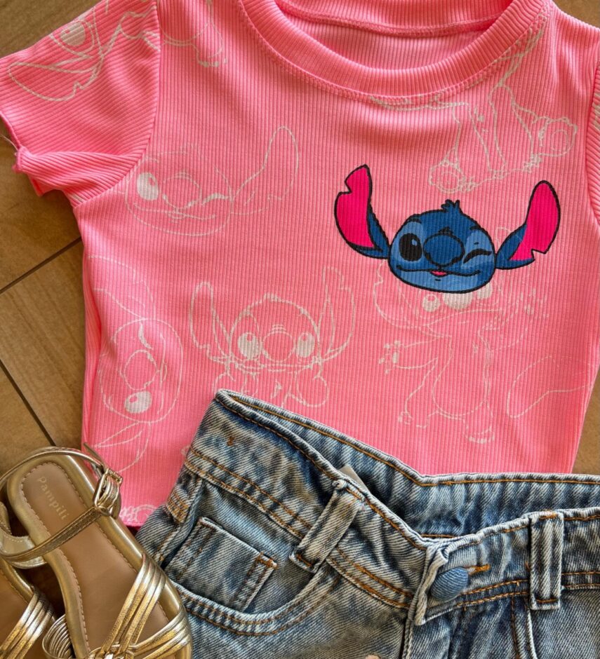 fernandaramoskids com br Cropped Infantil Feminino Manga Curta Canelado Stich Rosa1