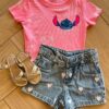 Cropped Infantil Feminino Manga Curta Canelado Stich Rosa Fernanda Ramos Kids