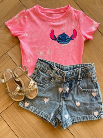 Cropped Infantil Feminino Manga Curta Canelado Stich Rosa Fernanda Ramos Kids