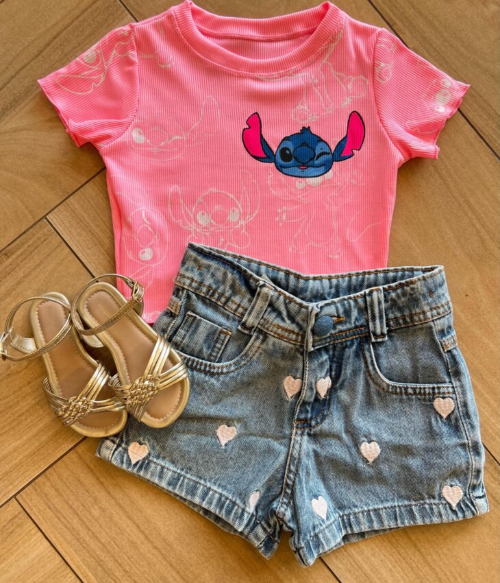 Cropped Infantil Feminino Manga Curta Canelado Stich Rosa Fernanda Ramos Kids
