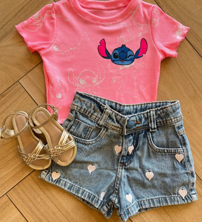 Cropped Infantil Feminino Manga Curta Canelado Stich Rosa Fernanda Ramos Kids