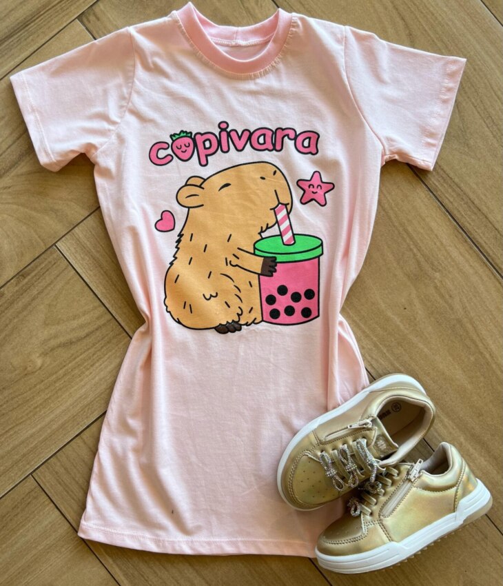 Vestido Infantil Feminino Curto Capivara Rosa Fernanda Ramos Kids