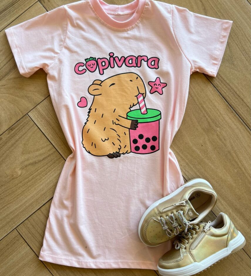 Vestido Infantil Feminino Curto Capivara Rosa Fernanda Ramos Kids