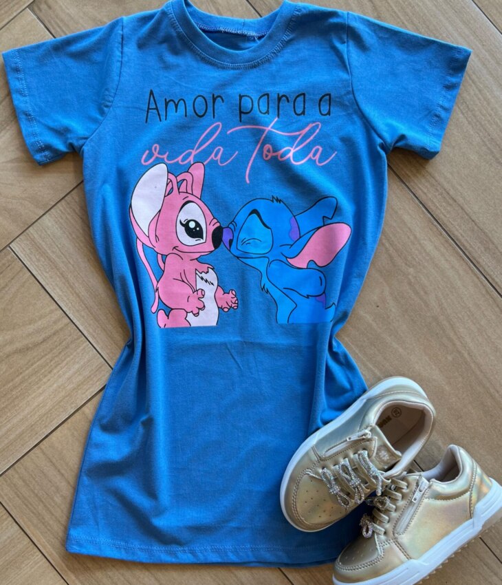 Vestido Infantil Feminino Curto Stich Amor Para Vida Toda Azul Fernanda Ramos Kids