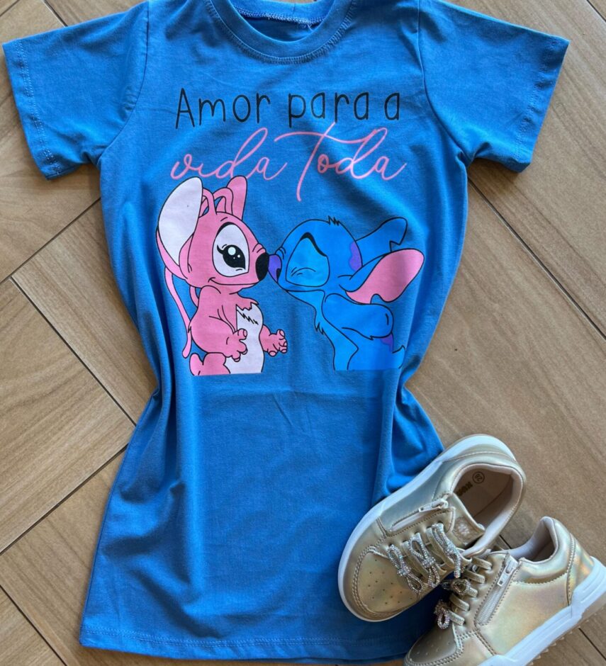 Vestido Infantil Feminino Curto Stich Amor Para Vida Toda Azul Fernanda Ramos Kids