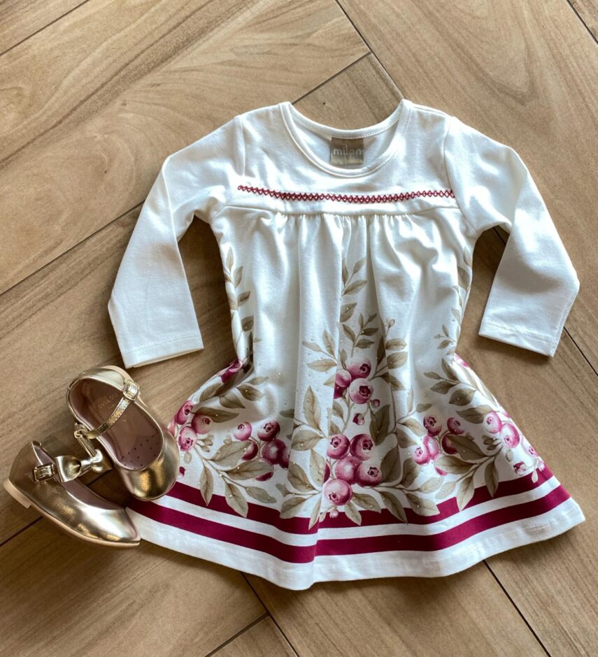 Vestido Infantil Feminino Estampado Manga Longa Rodado com Strass Fernanda Ramos Kids