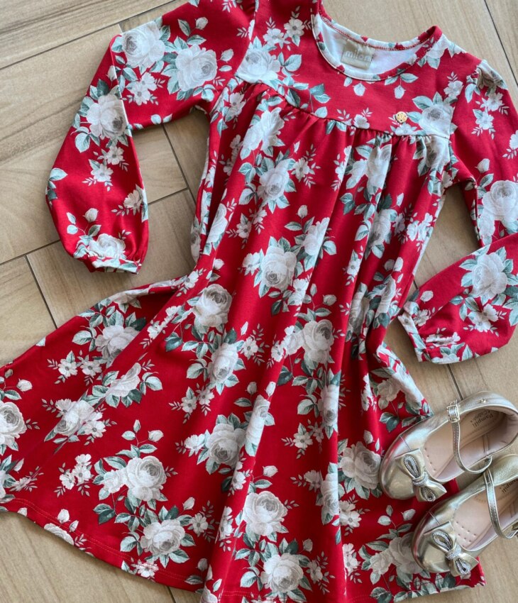 fernandaramoskids com br Vestido Infantil Feminino Manga Longa Rodado Vermelho Florido1