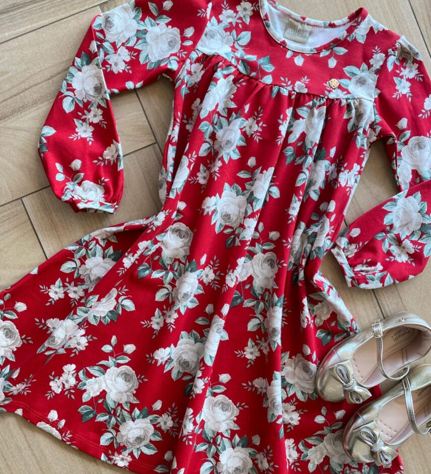 fernandaramoskids com br Vestido Infantil Feminino Manga Longa Rodado Vermelho Florido1