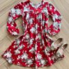 Vestido Infantil Feminino Manga Longa Rodado Vermelho Florido Fernanda Ramos Kids