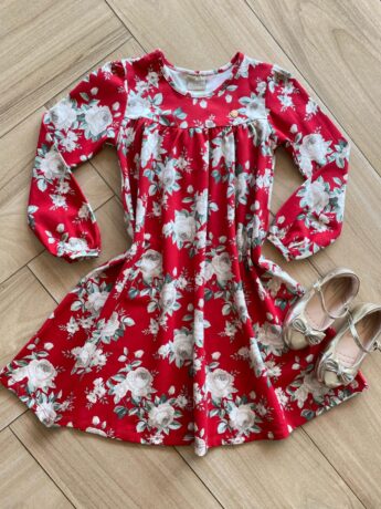 Vestido Infantil Feminino Manga Longa Rodado Vermelho Florido Fernanda Ramos Kids