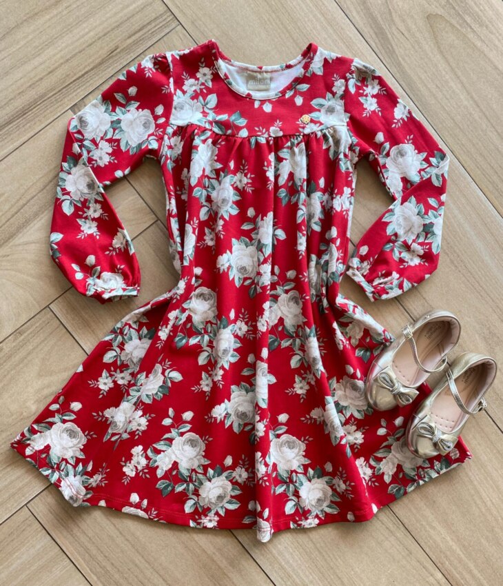 Vestido Infantil Feminino Manga Longa Rodado Vermelho Florido Fernanda Ramos Kids