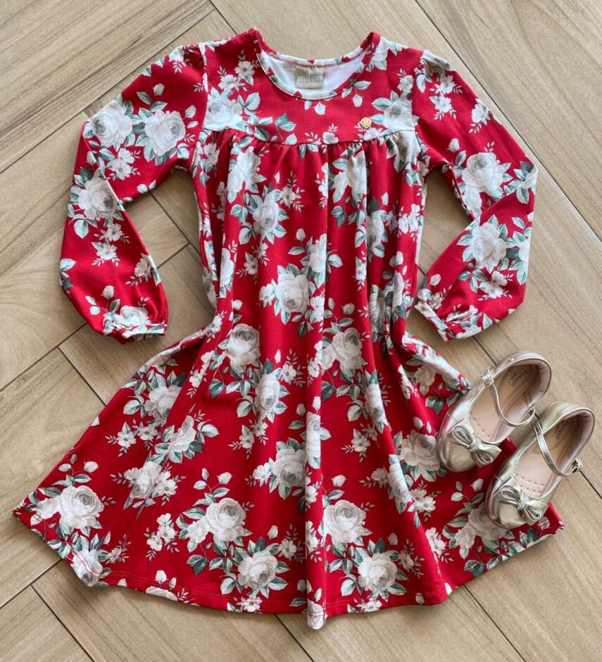 Vestido Infantil Feminino Manga Longa Rodado Vermelho Florido Fernanda Ramos Kids