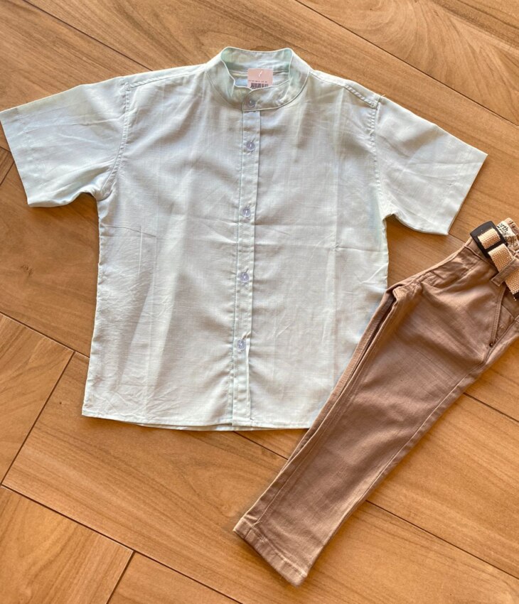 Camisa Infantil Masculina Casual Bata Verde Água Fernanda Ramos Kids