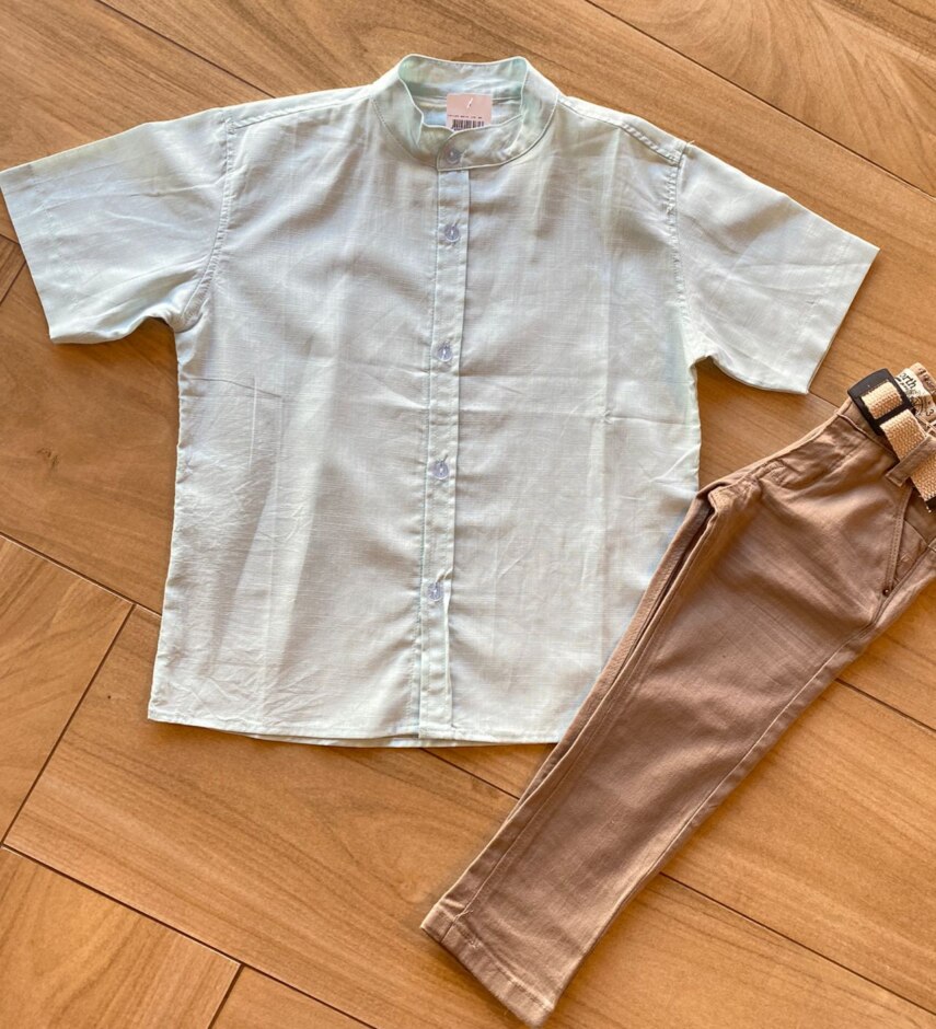 Camisa Infantil Masculina Casual Bata Verde Água Fernanda Ramos Kids