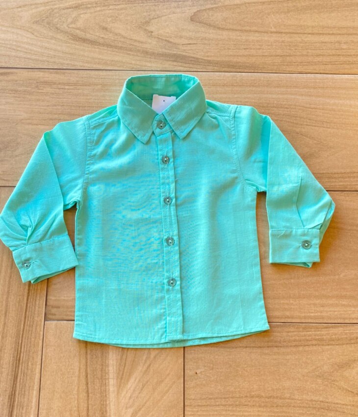 Camisa Infantil Masculina Manga Longa Social Verde Água Fernanda Ramos Kids