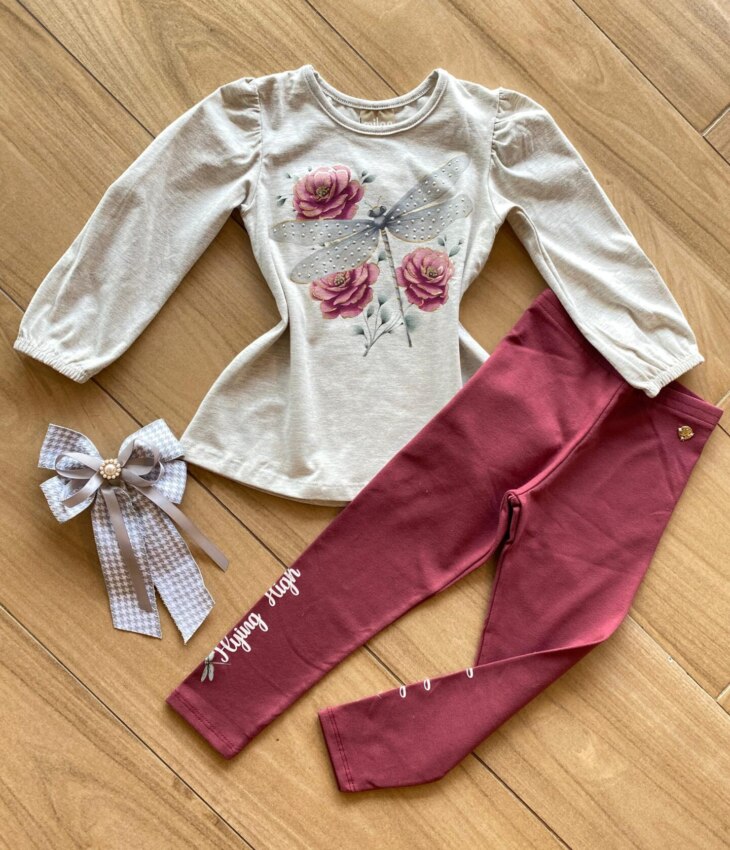 Conjunto Infantil Feminino Blusa Manga Longa e Calça Legging Vinho Fernanda Ramos Kids
