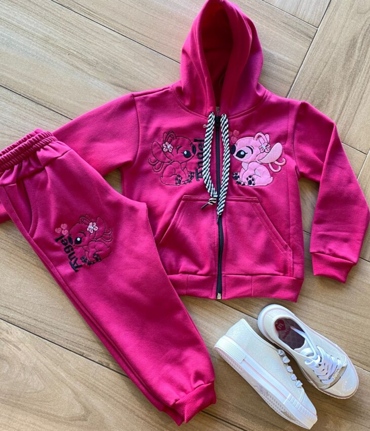 Conjunto Infantil Feminino Moletom Jaqueta e Calça Lilo&Stitch Pink Fernanda Ramos Kids