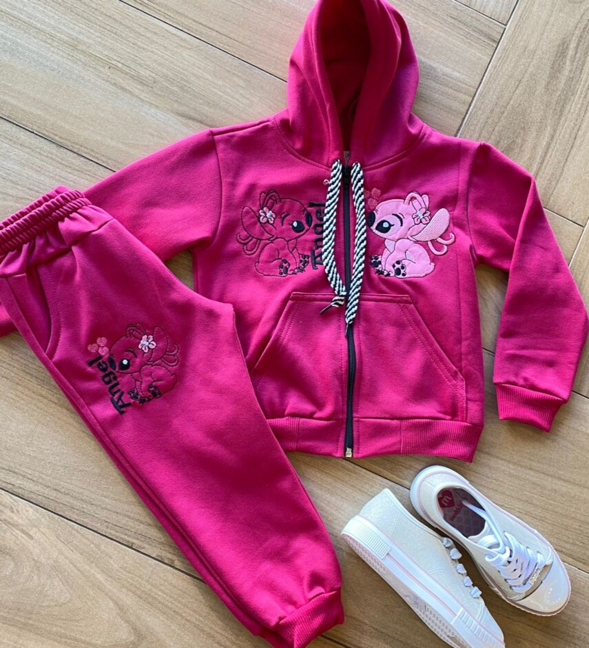 Conjunto Infantil Feminino Moletom Jaqueta e Calça Lilo&Stitch Pink Fernanda Ramos Kids
