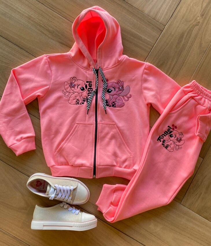 Conjunto Infantil Feminino Moletom Jaqueta e Calça Lilo&Stitch Rosa Fernanda Ramos Kids