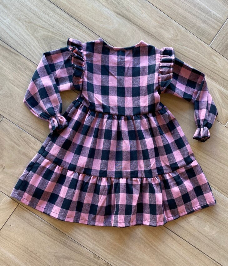 Vestido Infantil Feminino Manga Longa Xadrez Rosa com Babados Fernanda Ramos Kids