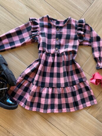 Vestido Infantil Feminino Manga Longa Xadrez Rosa com Babados Fernanda Ramos Kids