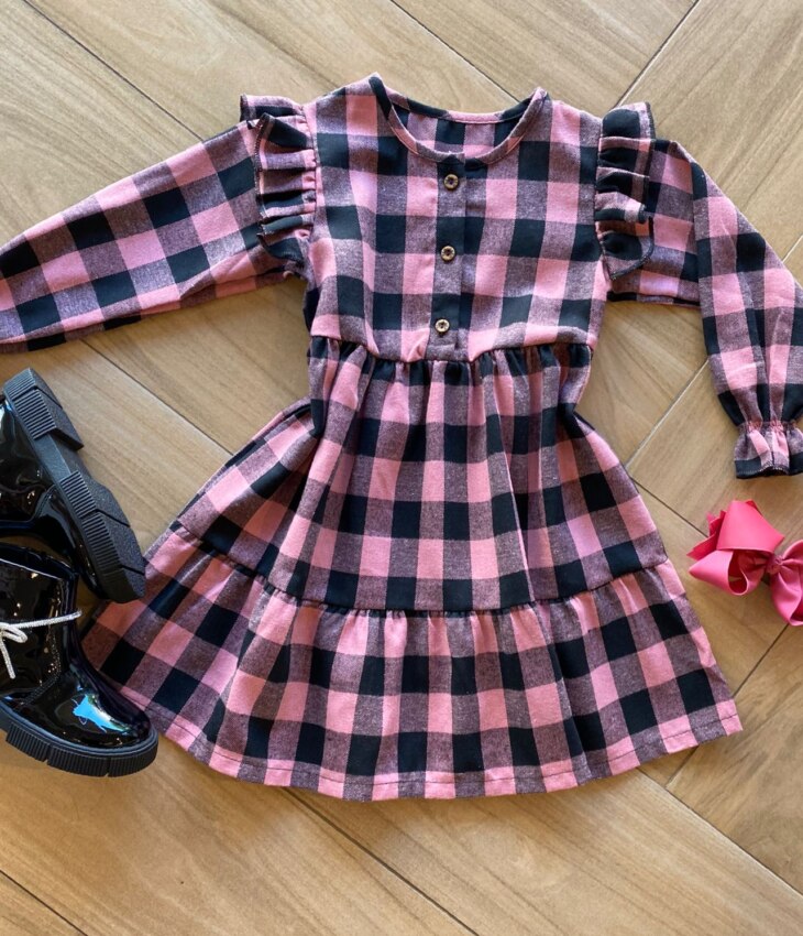Vestido Infantil Feminino Manga Longa Xadrez Rosa com Babados Fernanda Ramos Kids