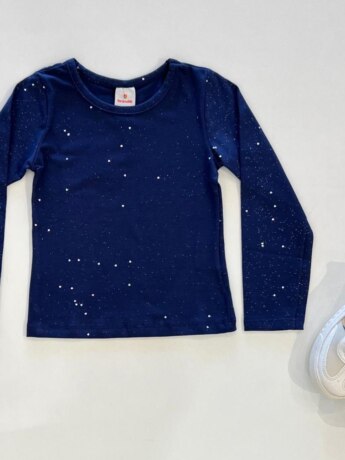 Blusa Manga Longa Infantil Feminina Azul Marinho com Corações Fernanda Ramos Kids