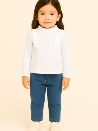 Blusa Manga Longa Infantil Feminina Canelada com Babados Branca Fernanda Ramos Kids