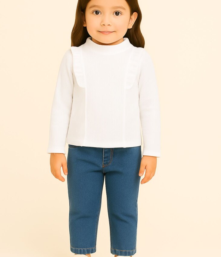 Blusa Manga Longa Infantil Feminina Canelada com Babados Branca Fernanda Ramos Kids