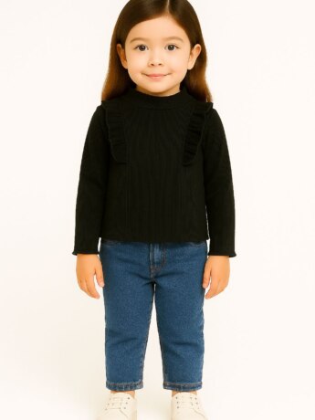 Blusa Manga Longa Infantil Feminina Canelada com Babados Preta Fernanda Ramos Kids