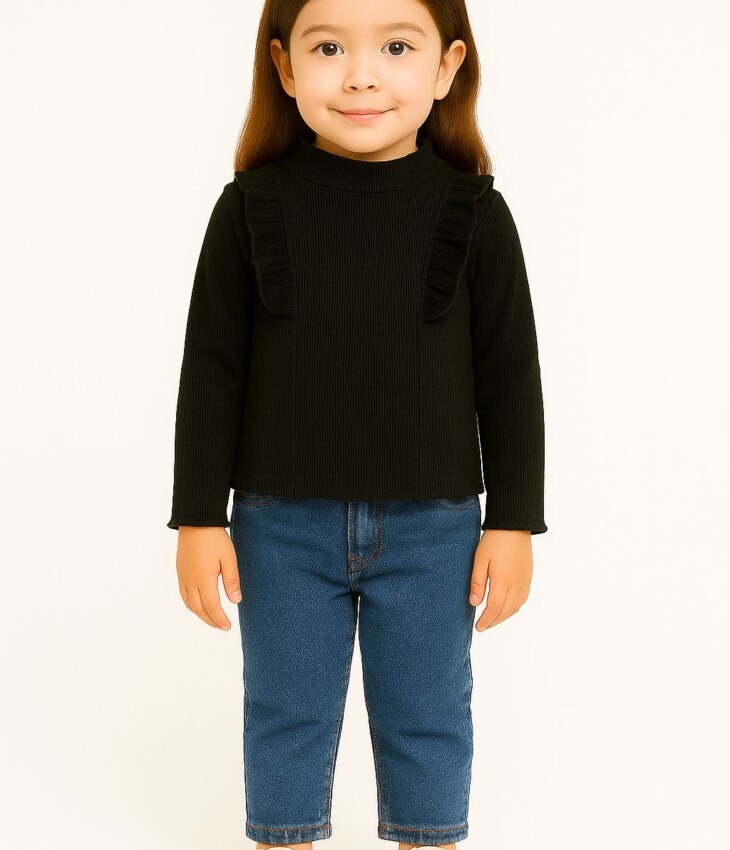 Blusa Manga Longa Infantil Feminina Canelada com Babados Preta Fernanda Ramos Kids