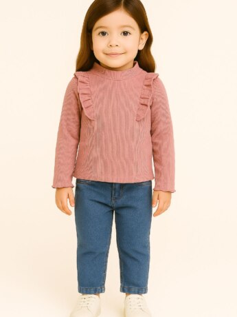 Blusa Manga Longa Infantil Feminina Canelada com Babados Rose Fernanda Ramos Kids