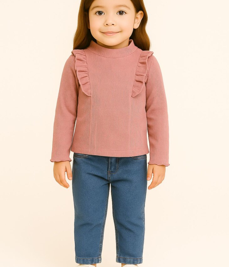 Blusa Manga Longa Infantil Feminina Canelada com Babados Rose Fernanda Ramos Kids