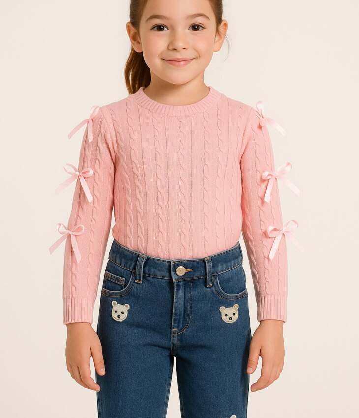Blusa Manga Longa Laço Infantil Feminina Off Rosa fernanda ramos kids