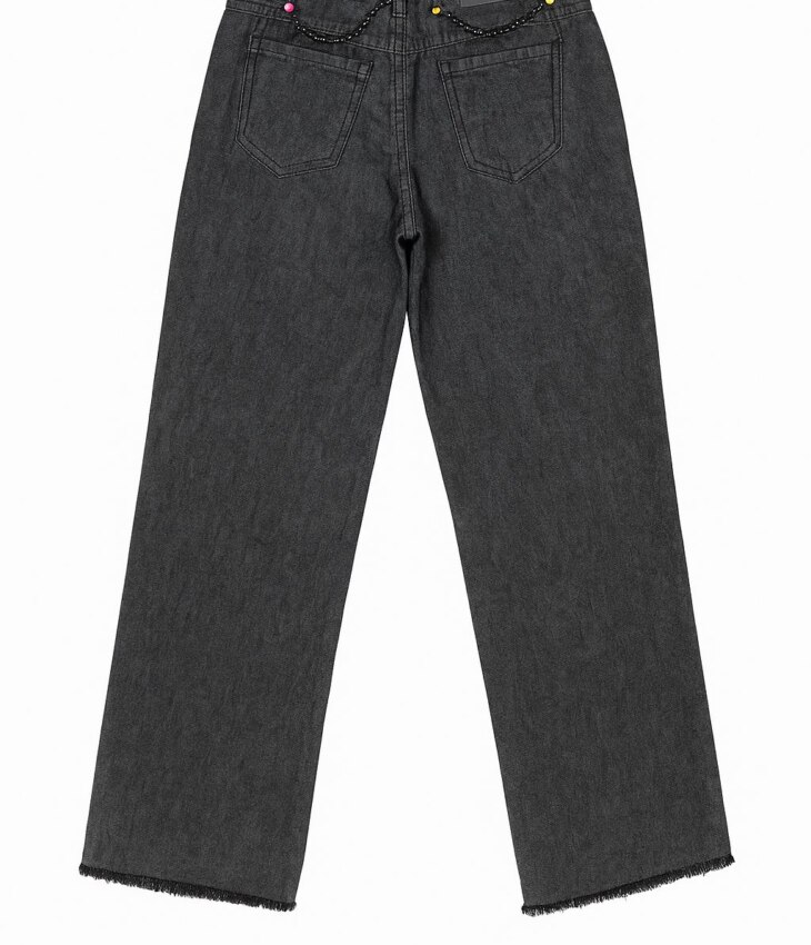 Calça Feminina Jeans Preta Wide Leg com Cinto de Miçangas Fernanda Ramos Kids
