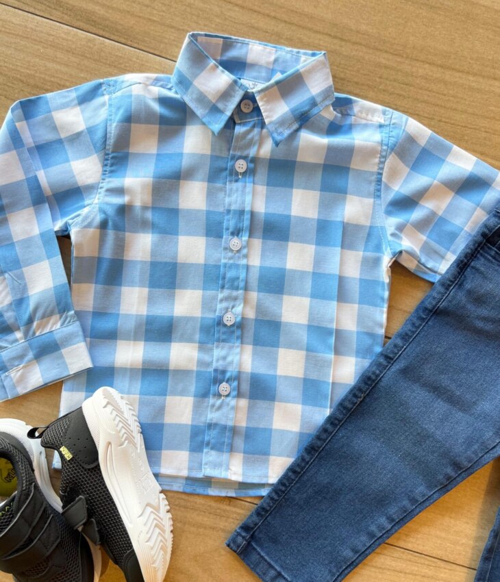 fernandaramoskids com br Camisa Infantil Masculina Manga Longa Xadrez Azul Claro1
