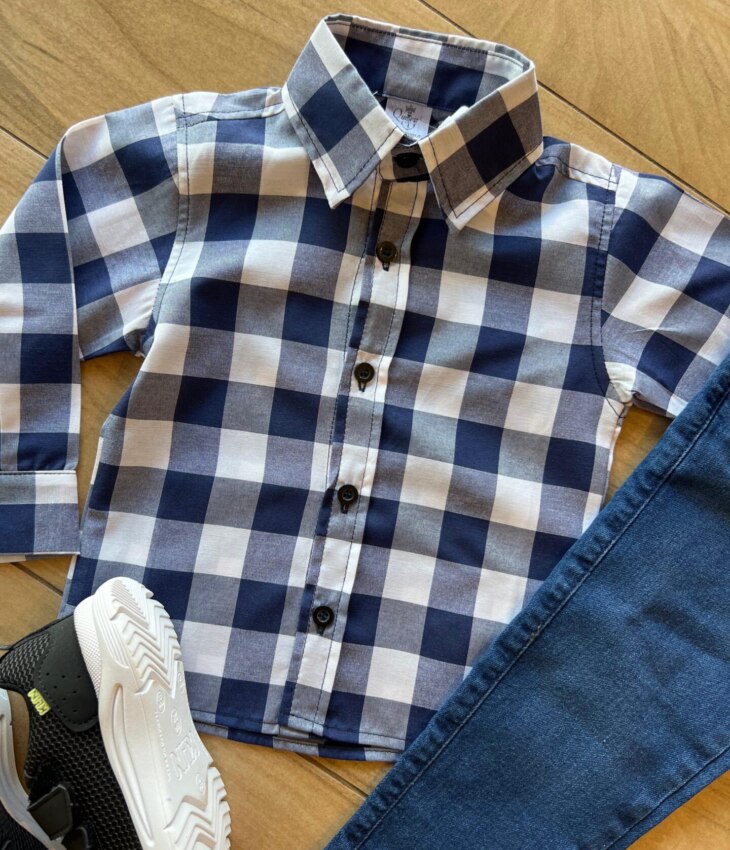 fernandaramoskids com br Camisa Infantil Masculina Manga Longa Xadrez Azul Marinho1