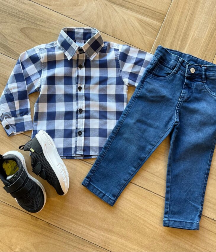 Camisa Infantil Masculina Manga Longa Xadrez Azul Marinho Fernanda Ramos Kids