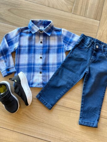 Camisa Infantil Masculina Manga Longa Xadrez Flanelada Azul Fernanda Ramos Kids