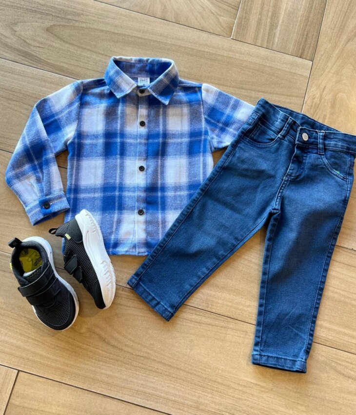 Camisa Infantil Masculina Manga Longa Xadrez Flanelada Azul Fernanda Ramos Kids